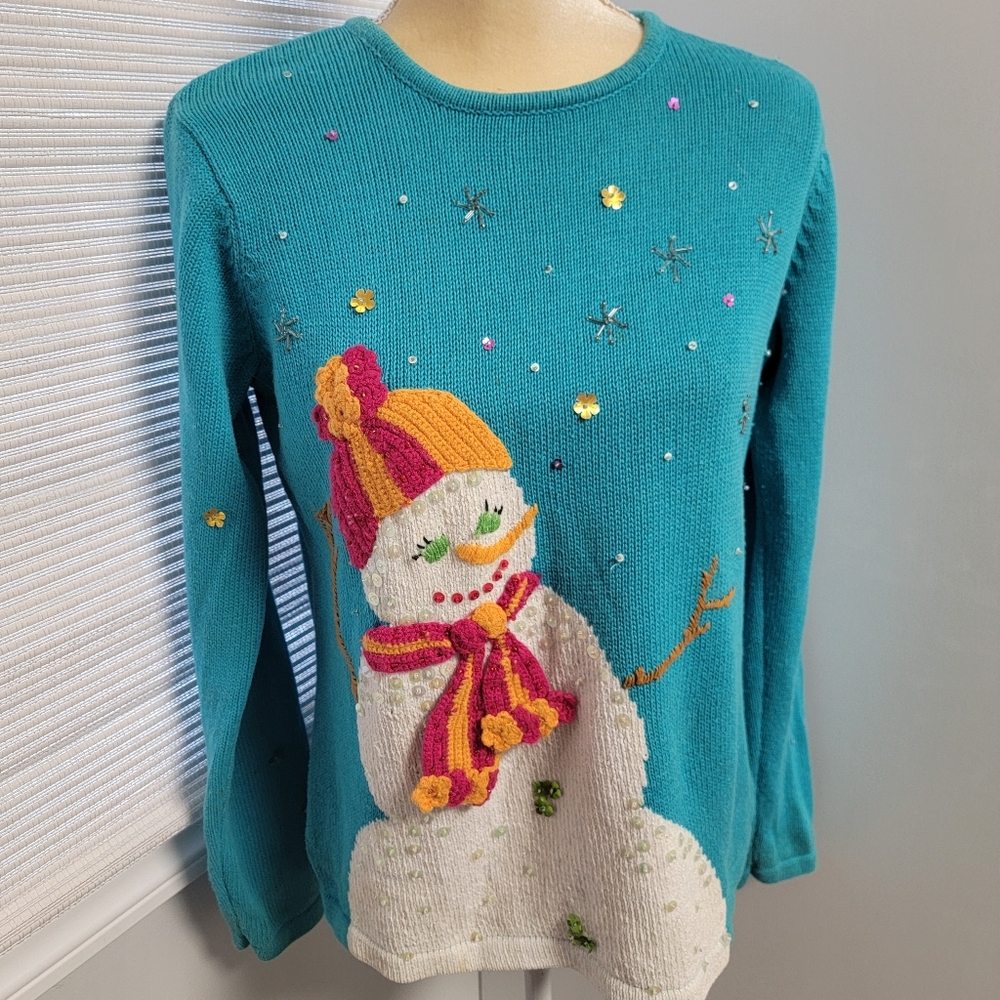 Susan Bristol Vintage Snowman Holiday Ugly Christmas Sweater Applique Size M